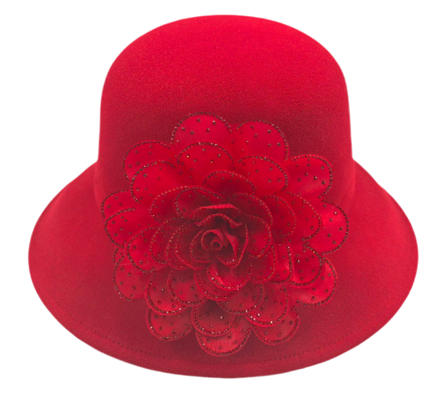 Felt Bucket Hat with Bling Studded Flower- Red