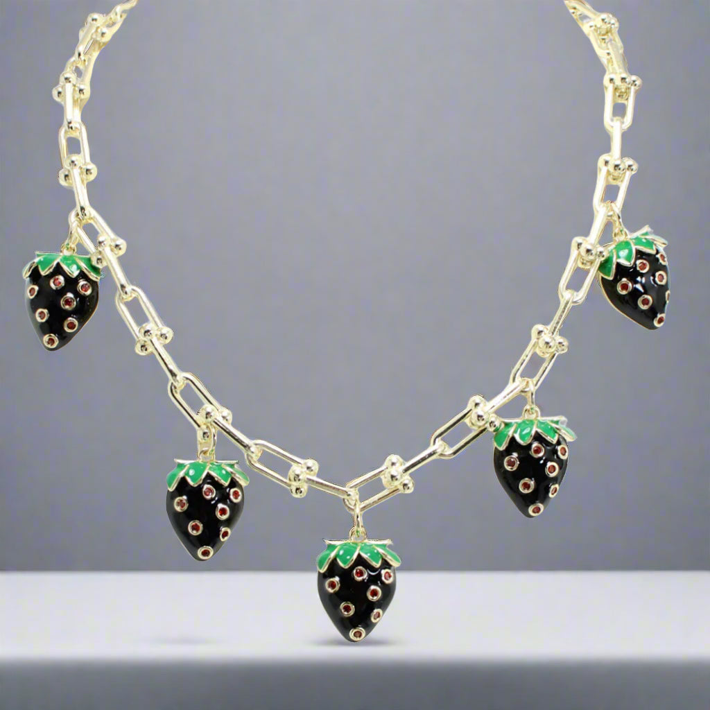 14K GOLD PLATED BLACK STRAWBERRY CHARMS CUBIC ZIRCONIA NECKLACE