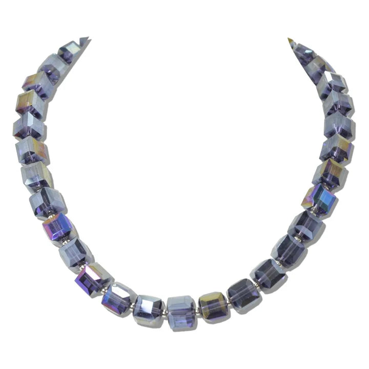 Pave Ball Accent Square Glass Beaded Necklace, Violet
