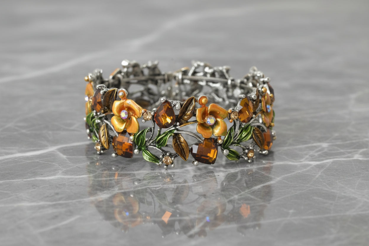 Enamel Floral Bracelet, Silver/Brown