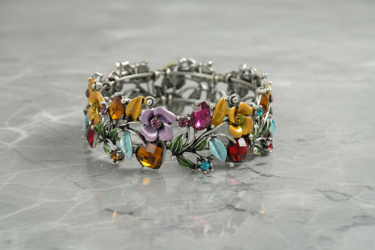 Enamel Floral Bracelet, Silver/Multi