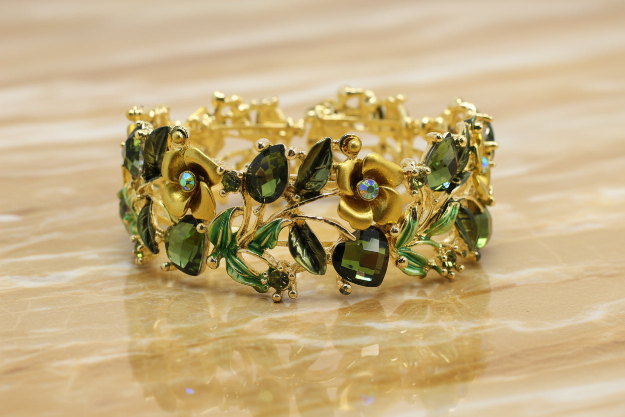 Enamel Floral Bracelet, Green/Gold