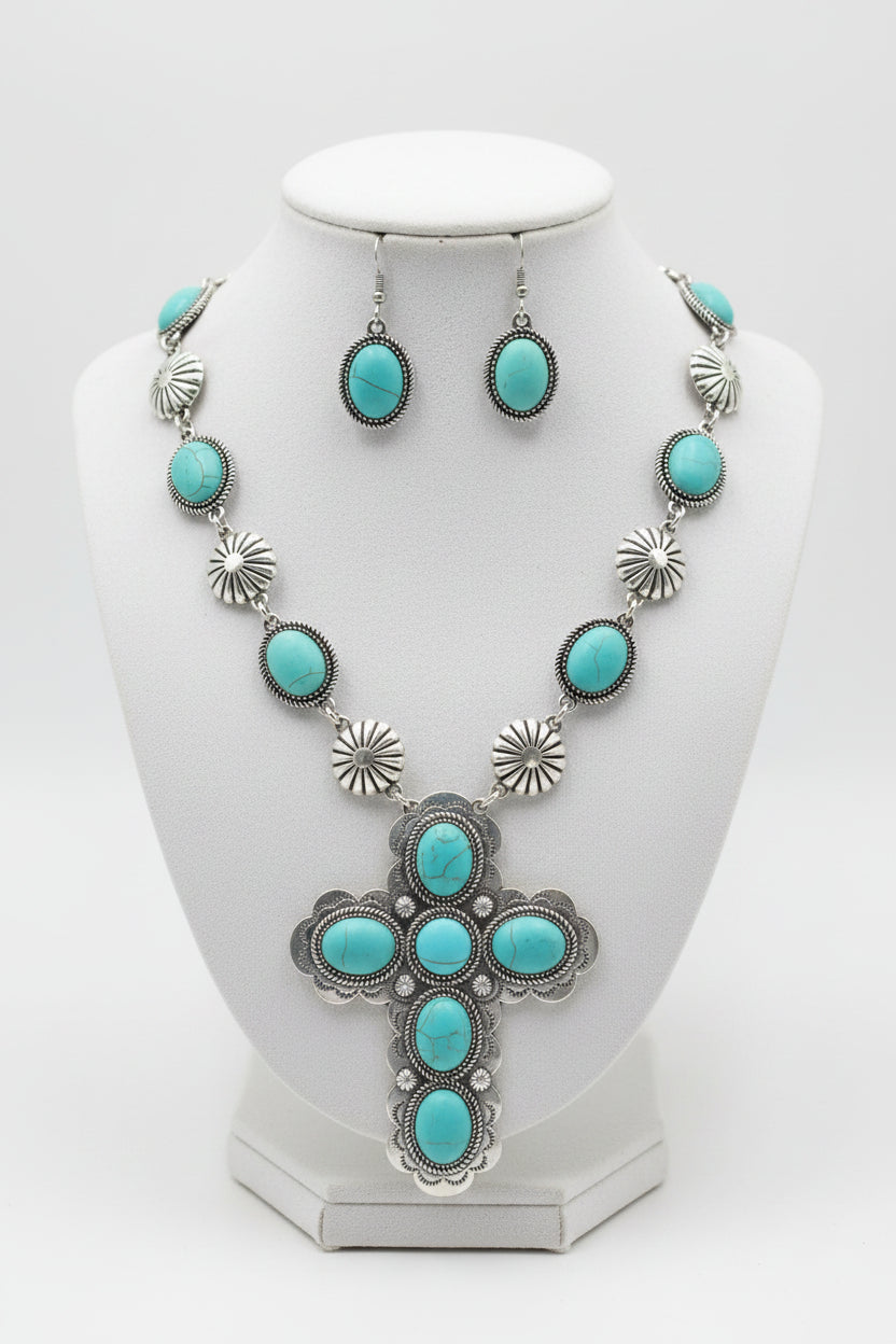 Western Turquoise Stone Cross Necklace and Earrings Set