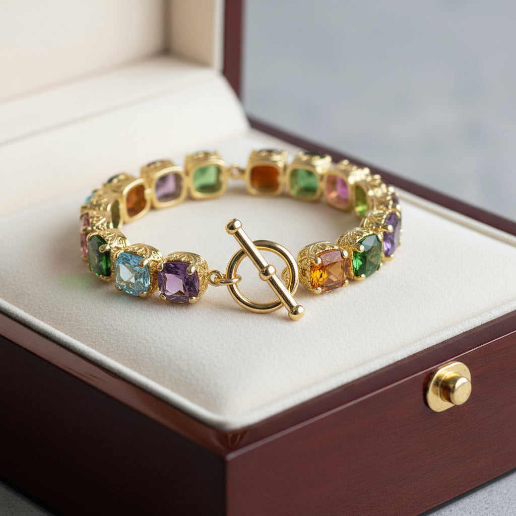 14K GOLD PLATED LUXURY CZ STONE TOGGLE BRACELET, MULTI