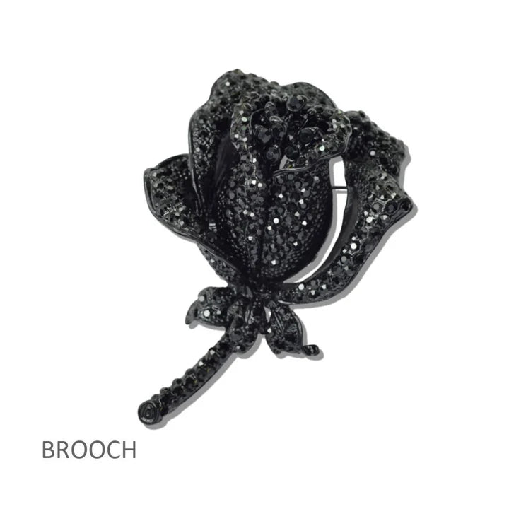 Black Crystals Flower Brooch