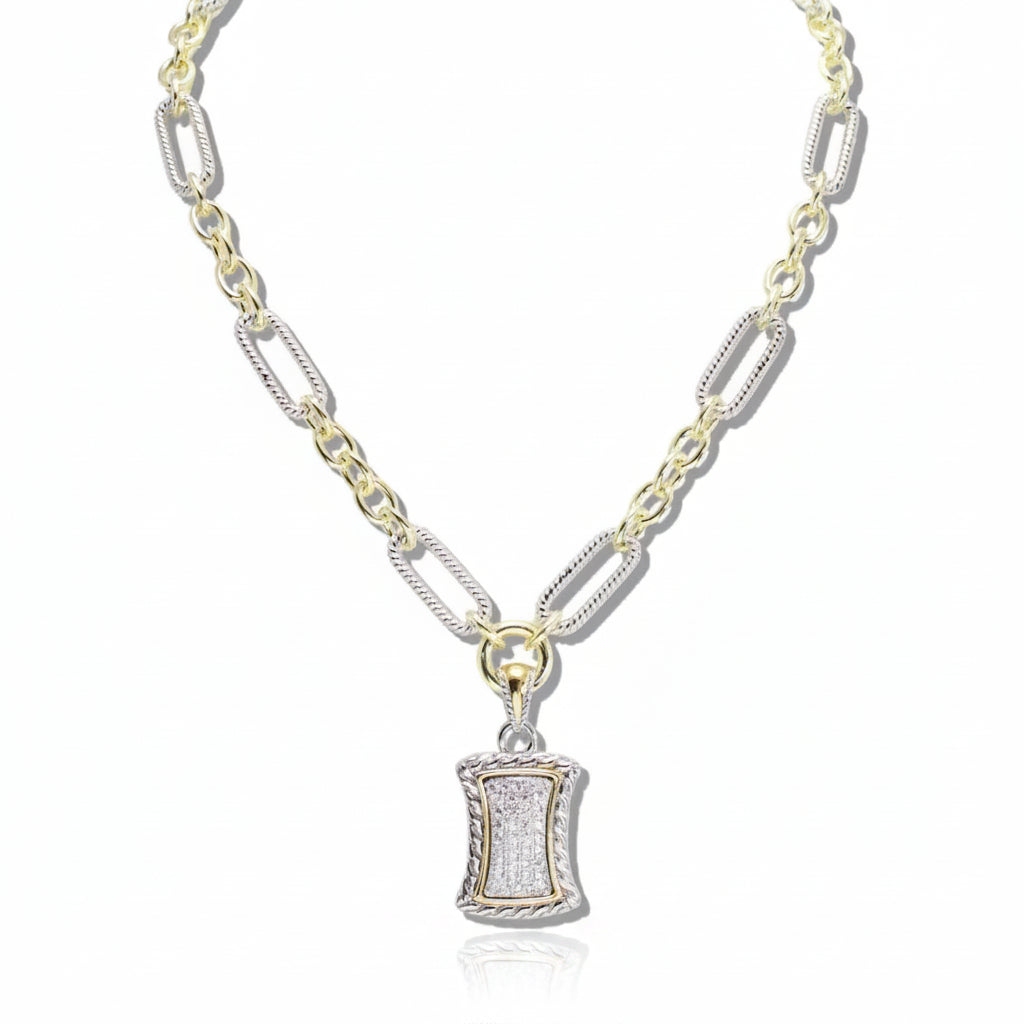 14K Gold and Rhodium Plated Shield Shape Pendant Necklace