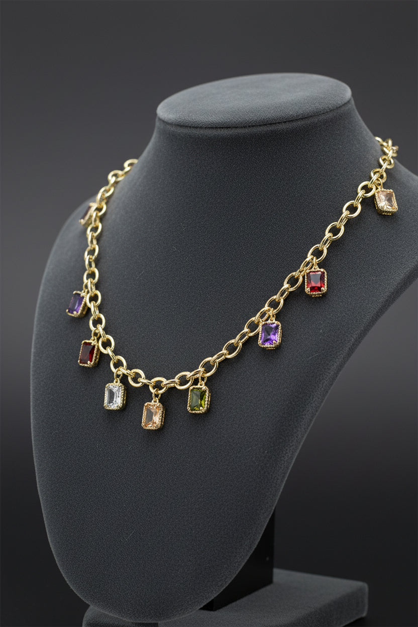 14K Gold Plated CZ Square Stone Necklace, Multi