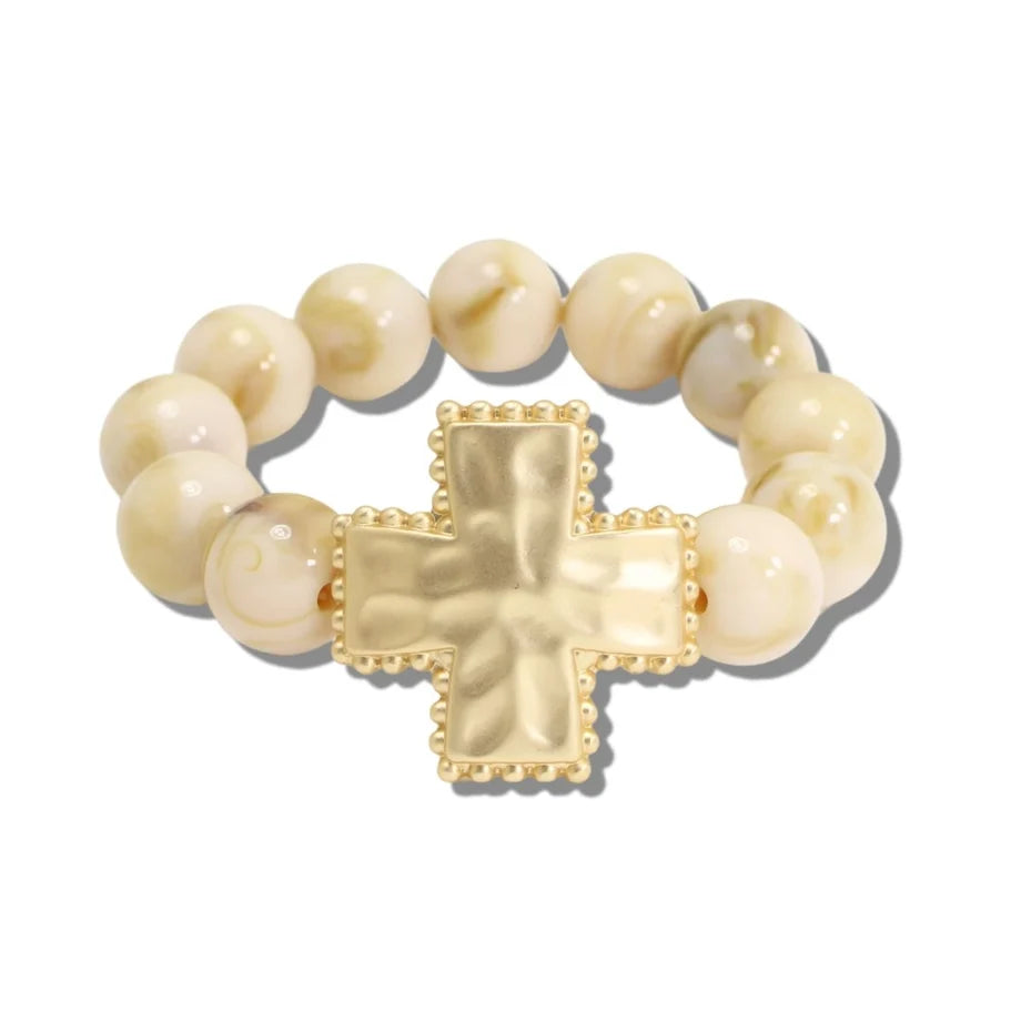 Beaded Cross Motif Cross Stretch Bracelet, Cream