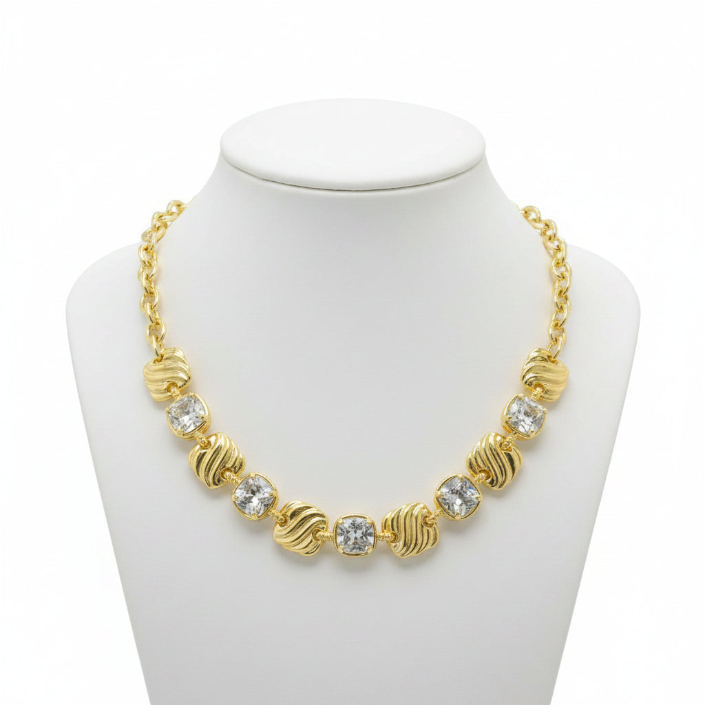 14K Gold Plated Textured Ribbed Waves CZ Stone Necklace