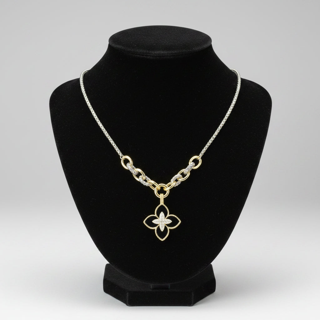 Premium 14K Gold Plated CZ Stone Quatrefoil Pendant Necklace