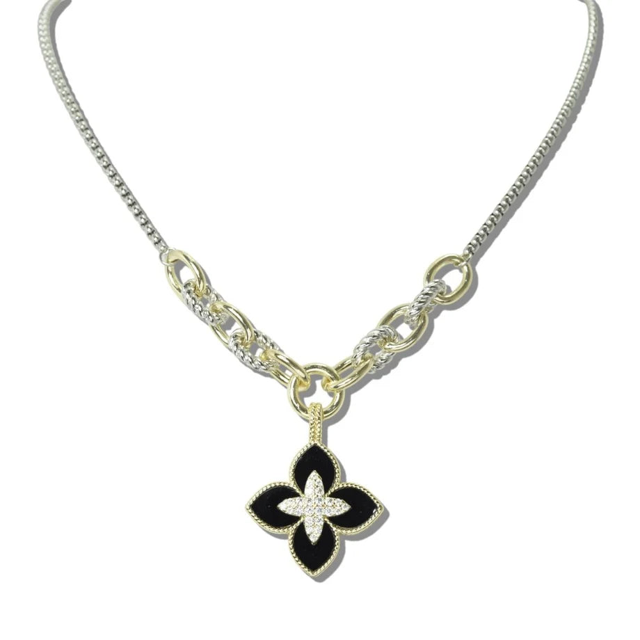 14K Gold-Plated Black Quatrefoil Pendant Necklace