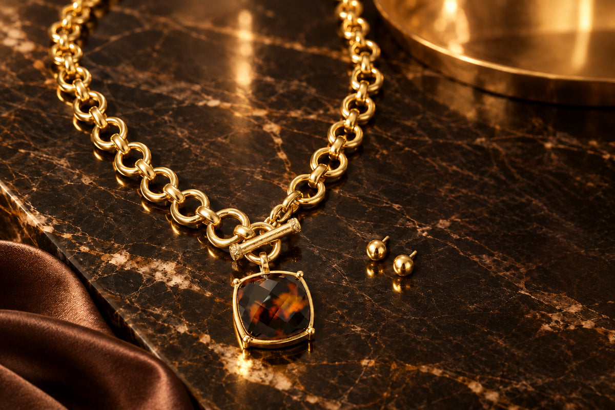 Dark Brown and Amber Tort Faceted Stone Toggle Necklace