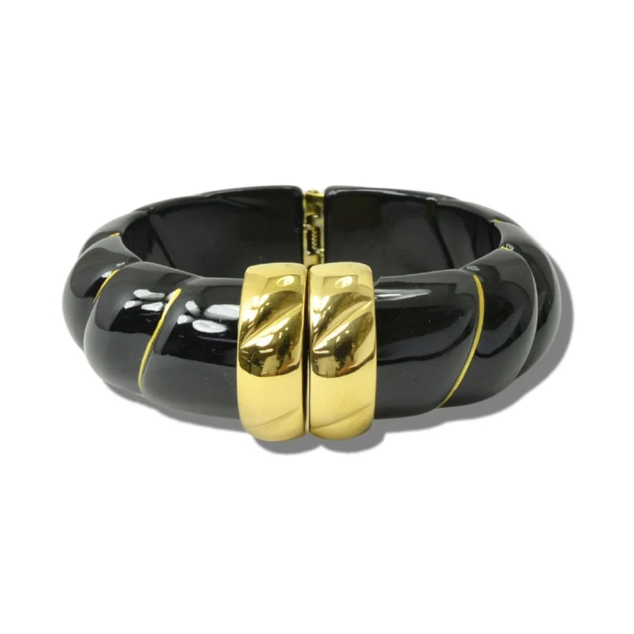 Marbled Resin Twisted Hinged Cuff Bracelet, Black