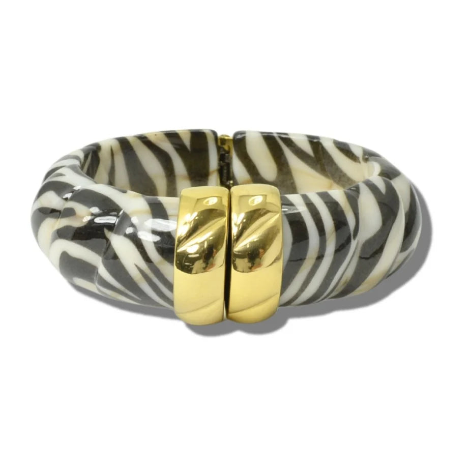 Marbled Resin Twisted Hinged Cuff Bracelet, Zebra