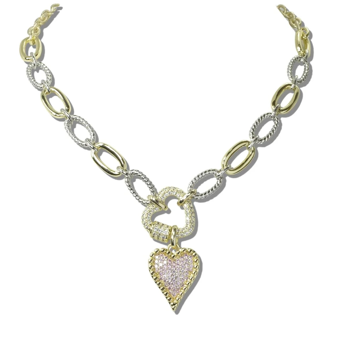 14K Gold Plated CZ Stone Double Heart Pendant Necklace, Pink