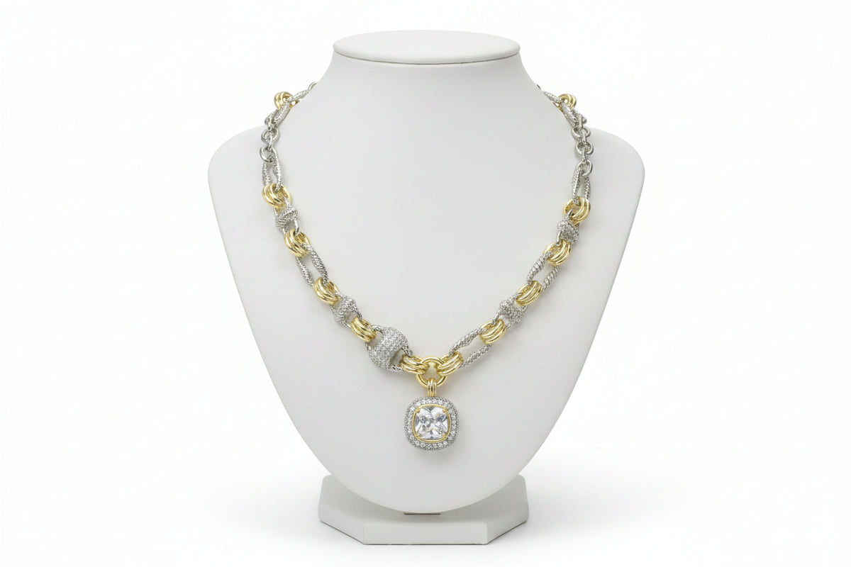 14K Gold Plated & Two-Tone CZ Clear Stone Pendant Necklace