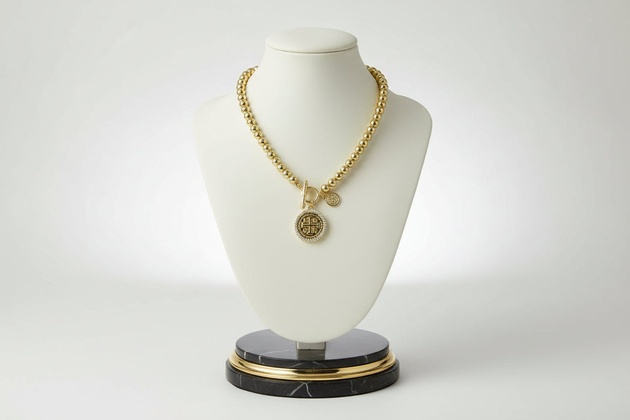 14K GOLD PLATED BALL BEAD NECKLACE CLEAR CZ STONES