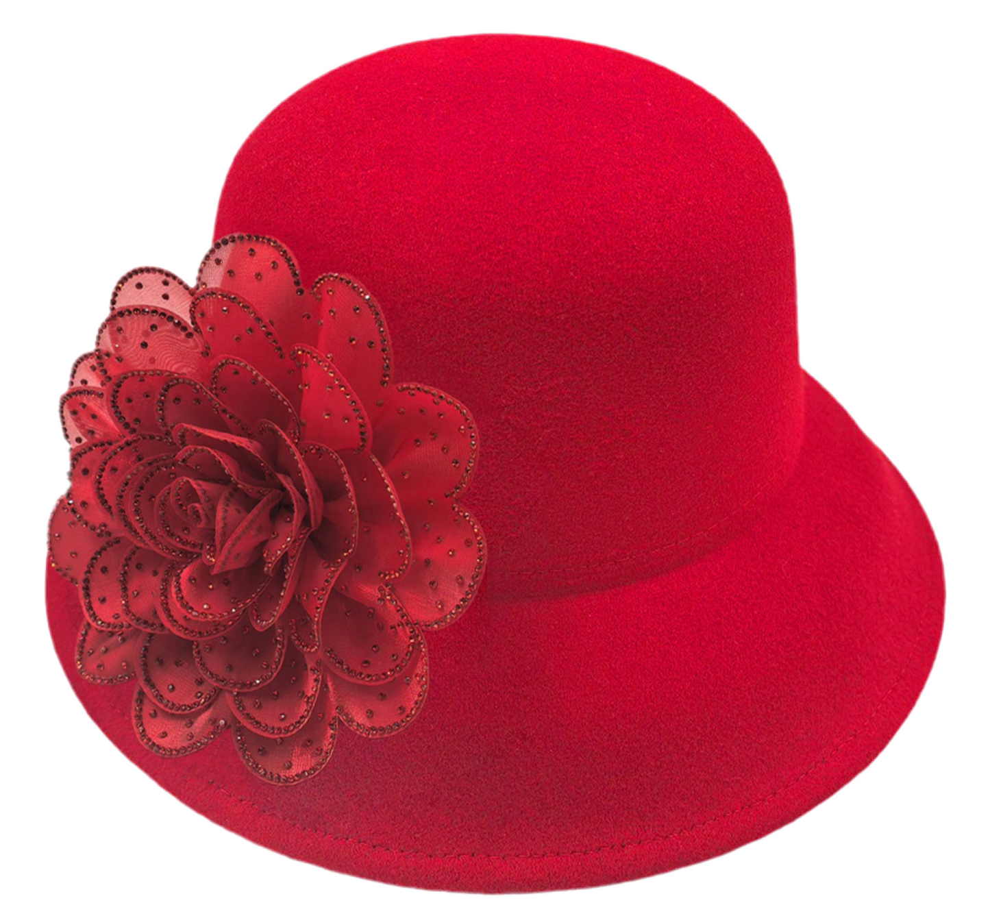 Felt Bucket Hat with Bling Studded Flower- Red