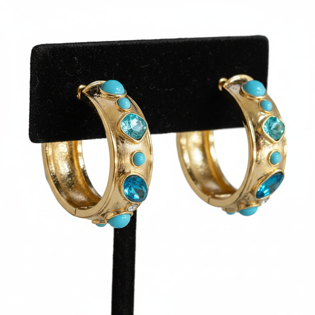 Turquoise Stone and Crystal Hoop Earrings
