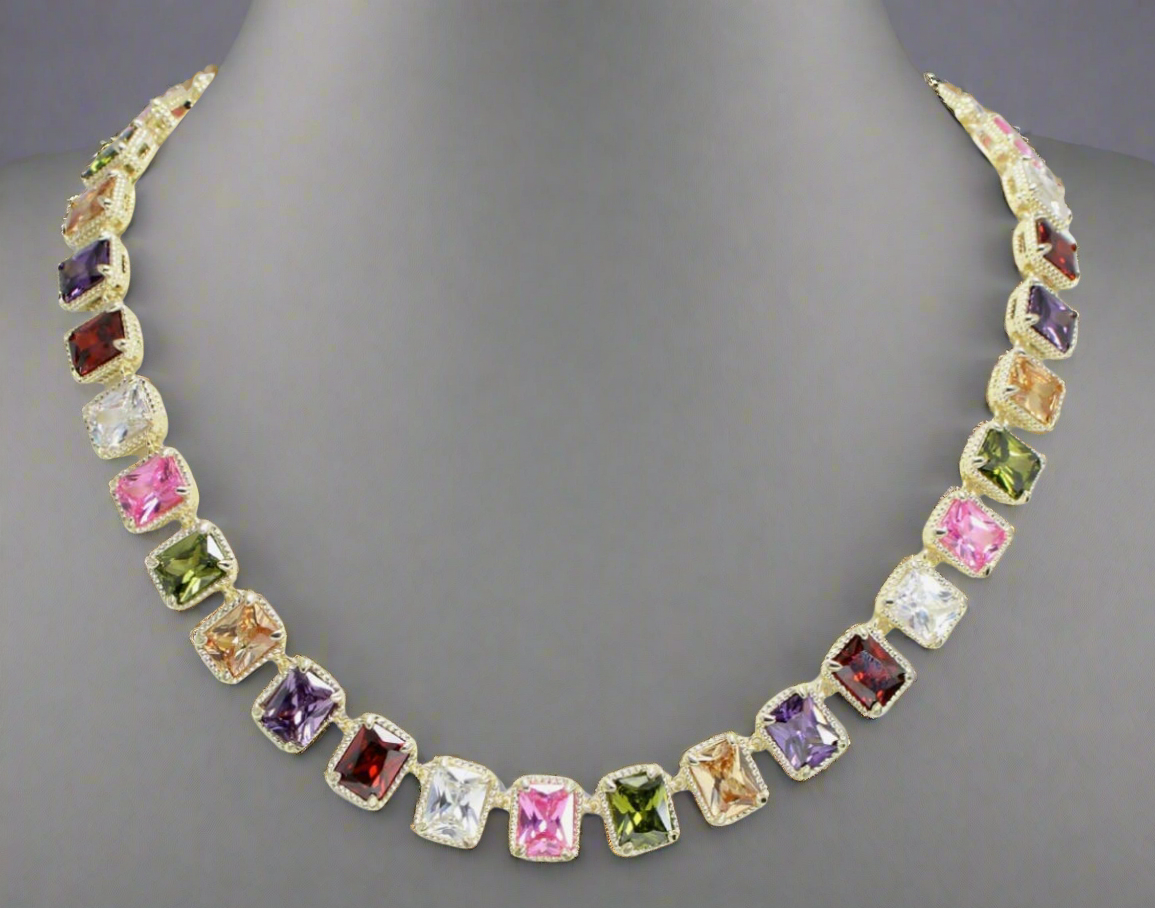 14K GOLD PLATED RECTANGLE CUBIC ZIRCONIA TOGGLE NECKLACE, Multi