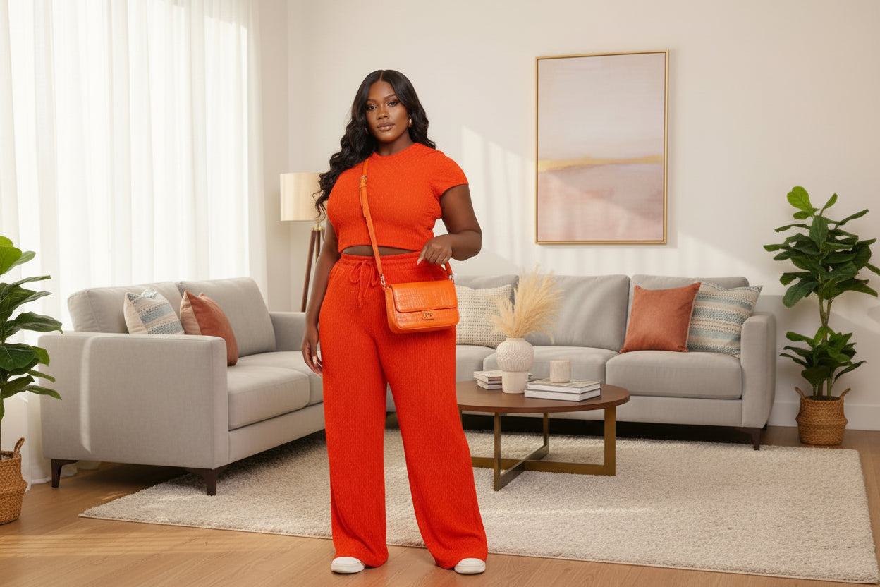 Stone Textured Pants Set, Rust