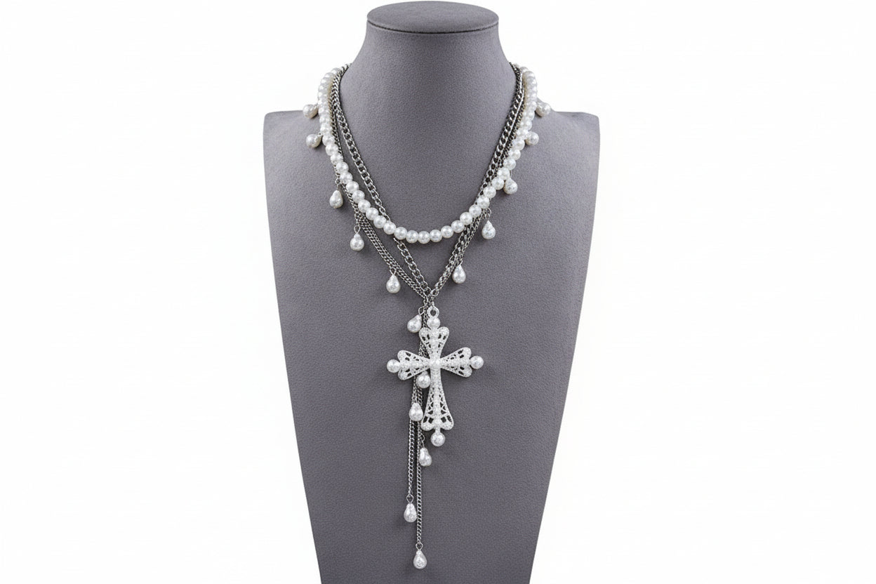 Layered Pearl Cross Necklace