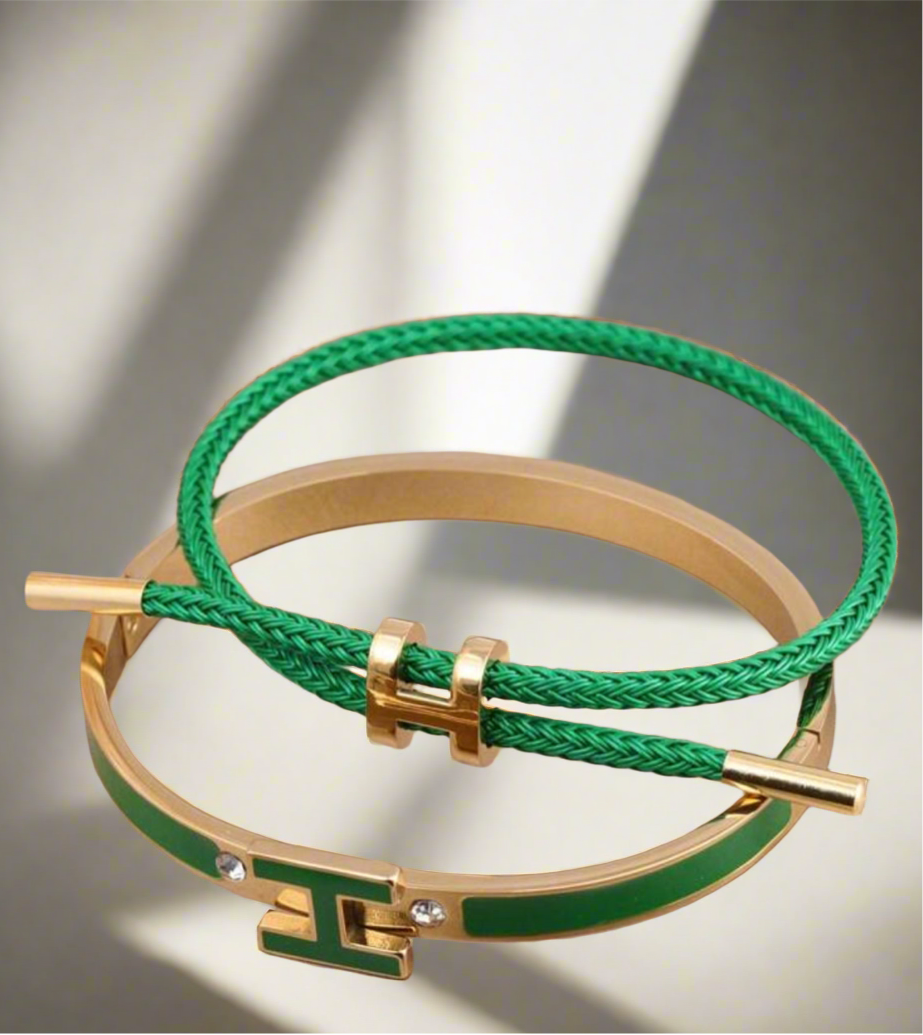 2pcs H-Shape
Buckle Hard Cord Bracelet and Bangle Set, Green