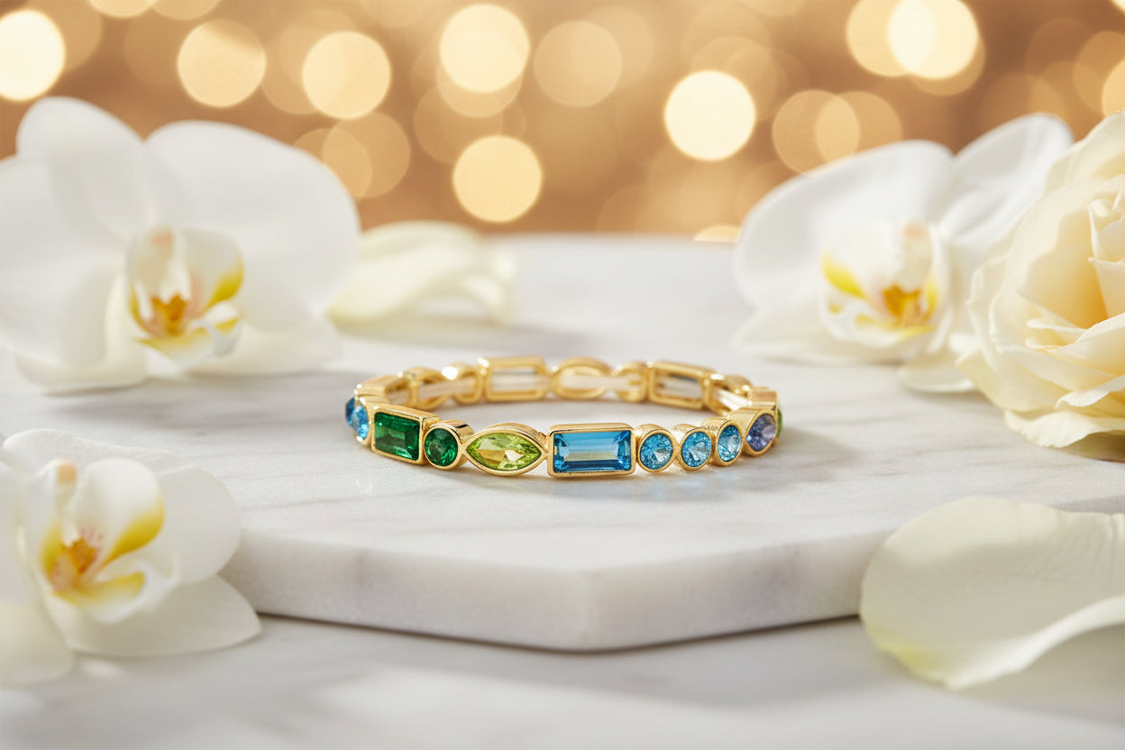 Blue Green Mix Cut Rhinestone Stretch Bangle Bracelet