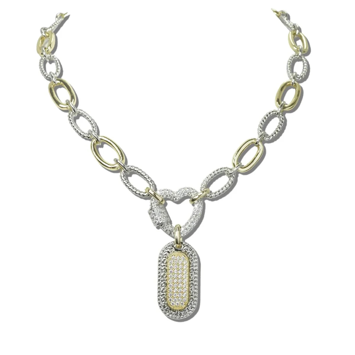 14K Gold and Rhodium Plated Heart Tag CZ Stone Necklace
