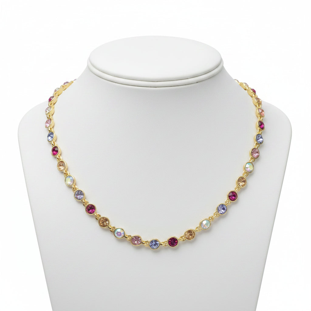 Iridescent Rhinestone Link Necklace, Pink Mix