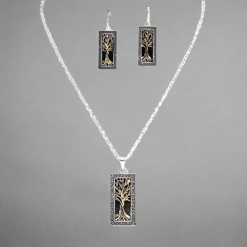 Life Tree Rectangle Pendant and Earrings Set, Gold