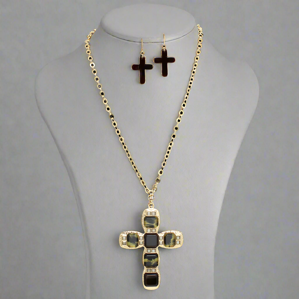 Gold Camo Cross Pendant Long Chain Necklace