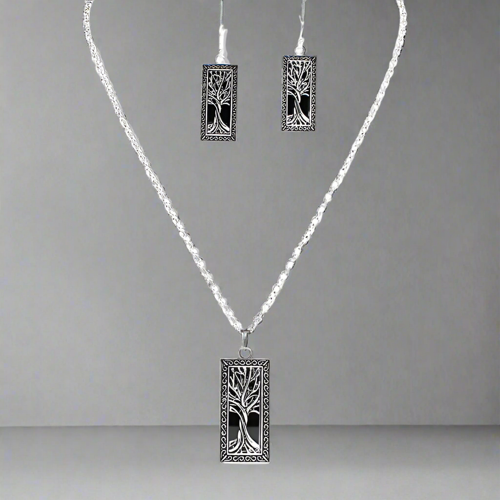 Life Tree Rectangle Pendant and Earrings Set, Silver