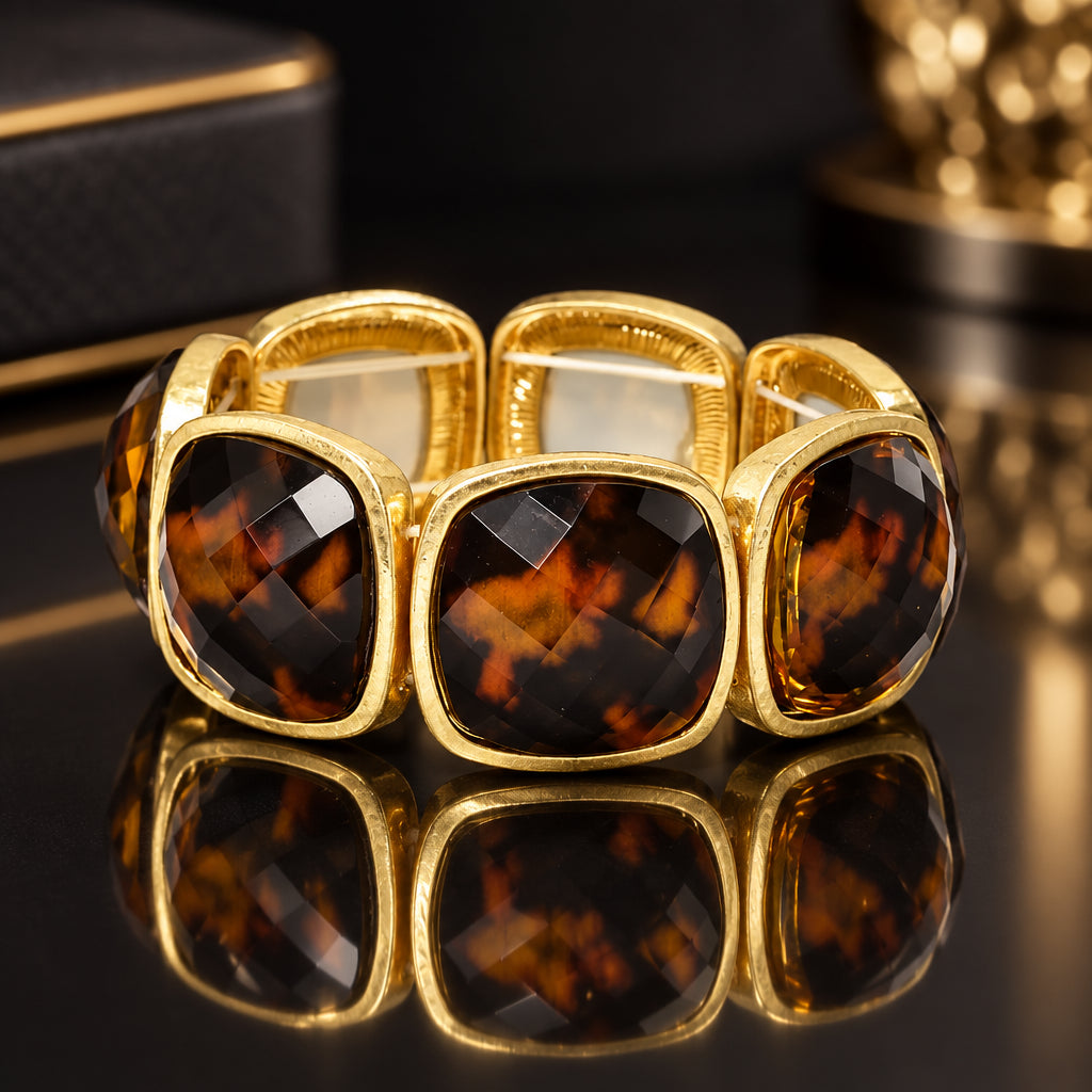 Dark Brown and Amber Tort Faceted Stone Stretch Bracelet