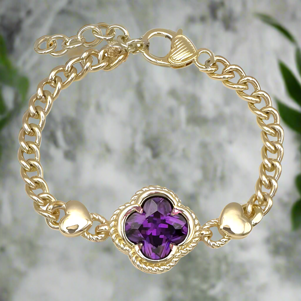 14K Gold Plated Clover Bracelet Purple Cubic Zirconia