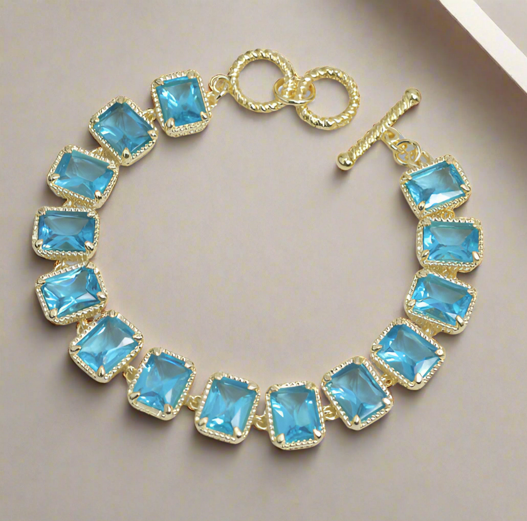 14K Gold Plated Rectangle Cubic Zirconia Toggle Bracelet, Teal Blue