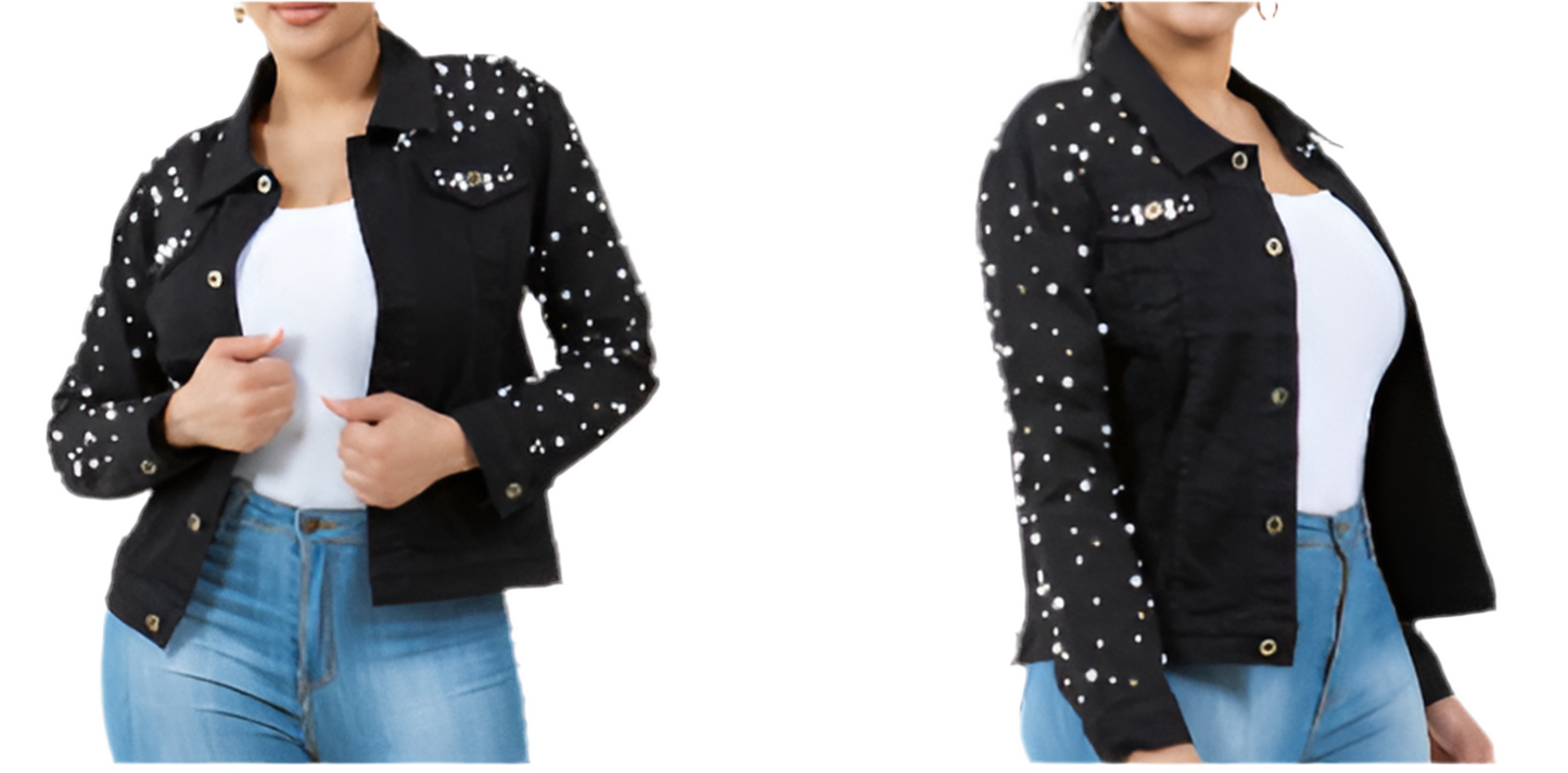 Black Denim Jacket with Studded Pearl and Bling Crystal Size L/XL