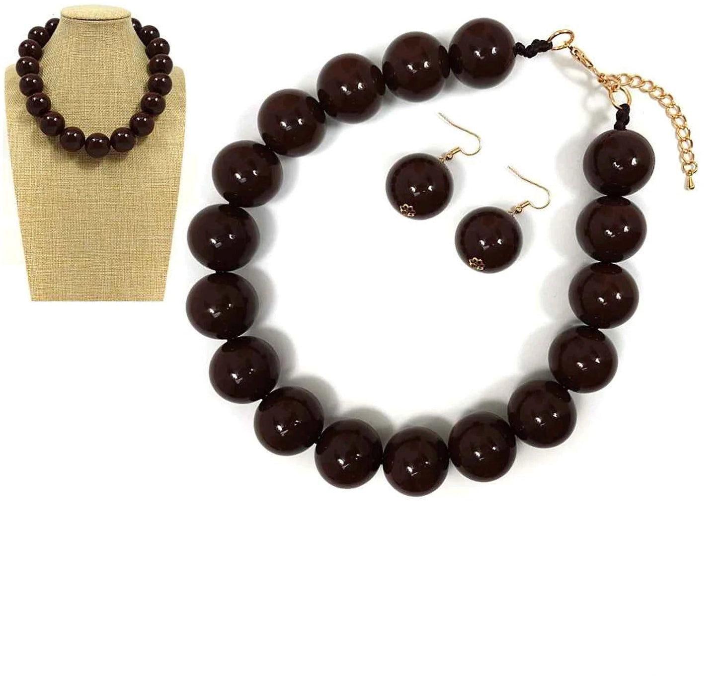 Large Ball Beaded Necklace and Earrings Set, Brown