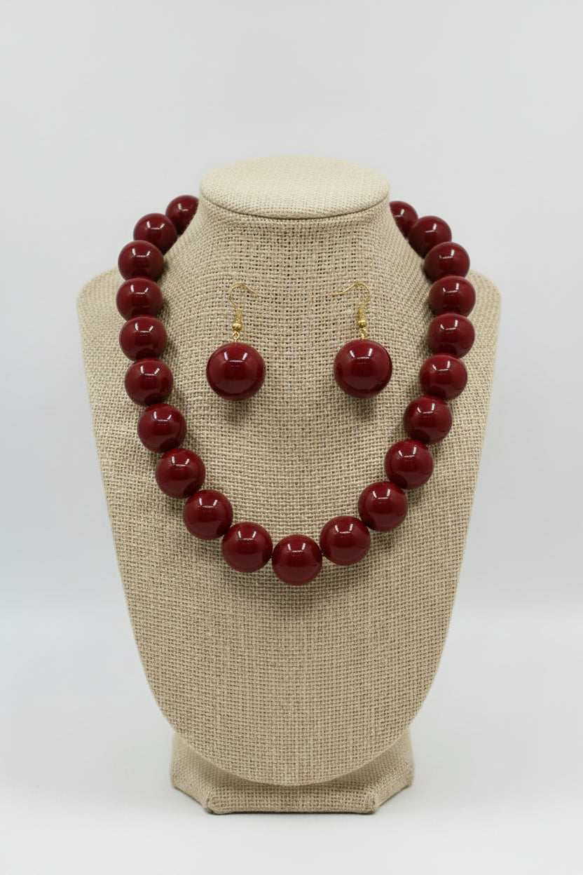 Large Ball Beaded Necklace and Earrings Set, Burgundy