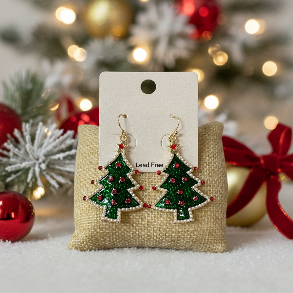 FESTIVE TREE EARRINGS WITH PEARL TRIM