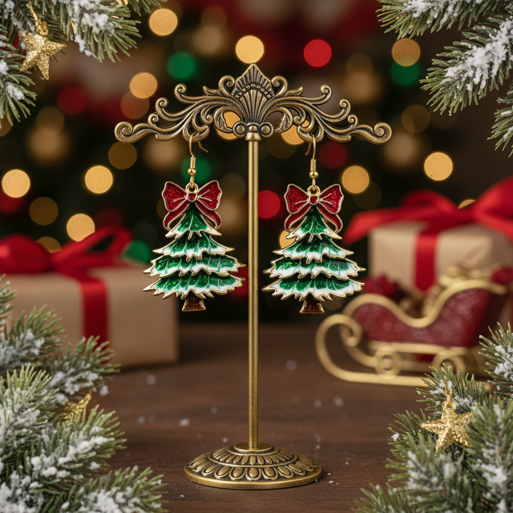 FESTIVE TREE EARRINGS WITH BOW