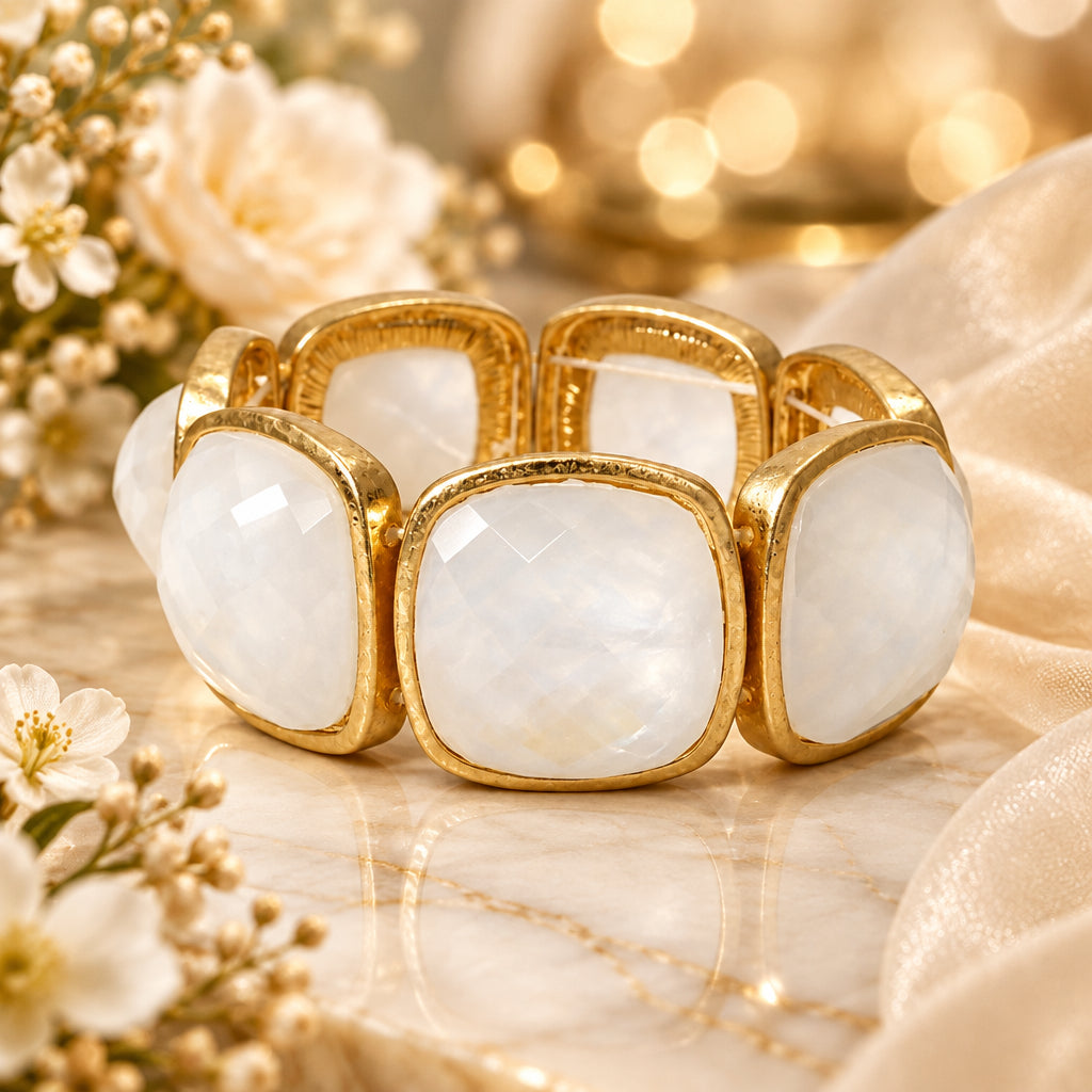 Worn Gold White Faceted Stretch Bracelet