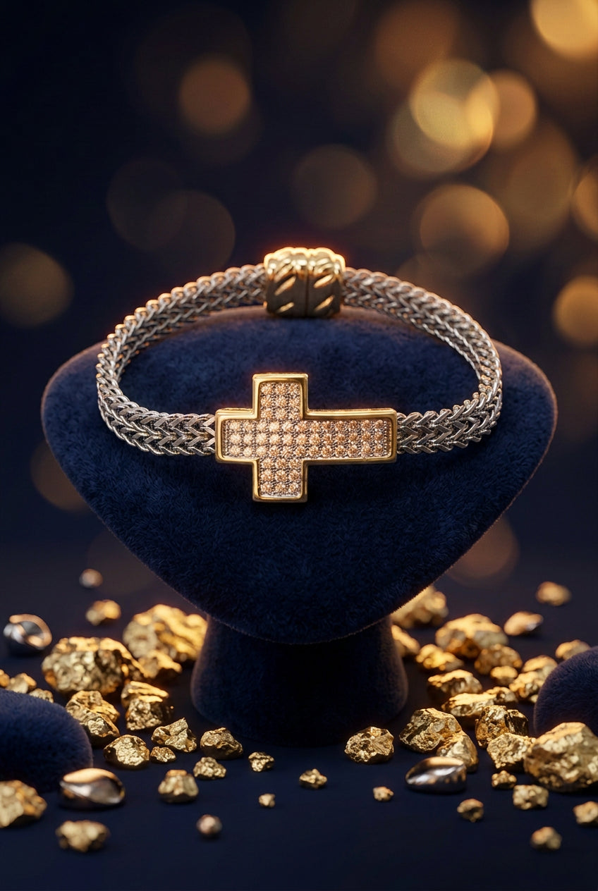 14K GOLD PLATED CZ STONE MAGNETIC CROSS PENDANT BRACELET