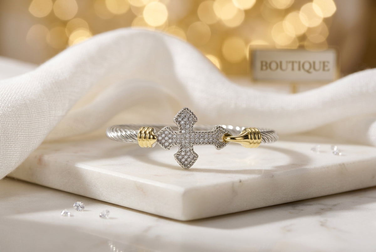 14k GOLD PLATED TWO-TONE CROSS BANGLE BRACELET