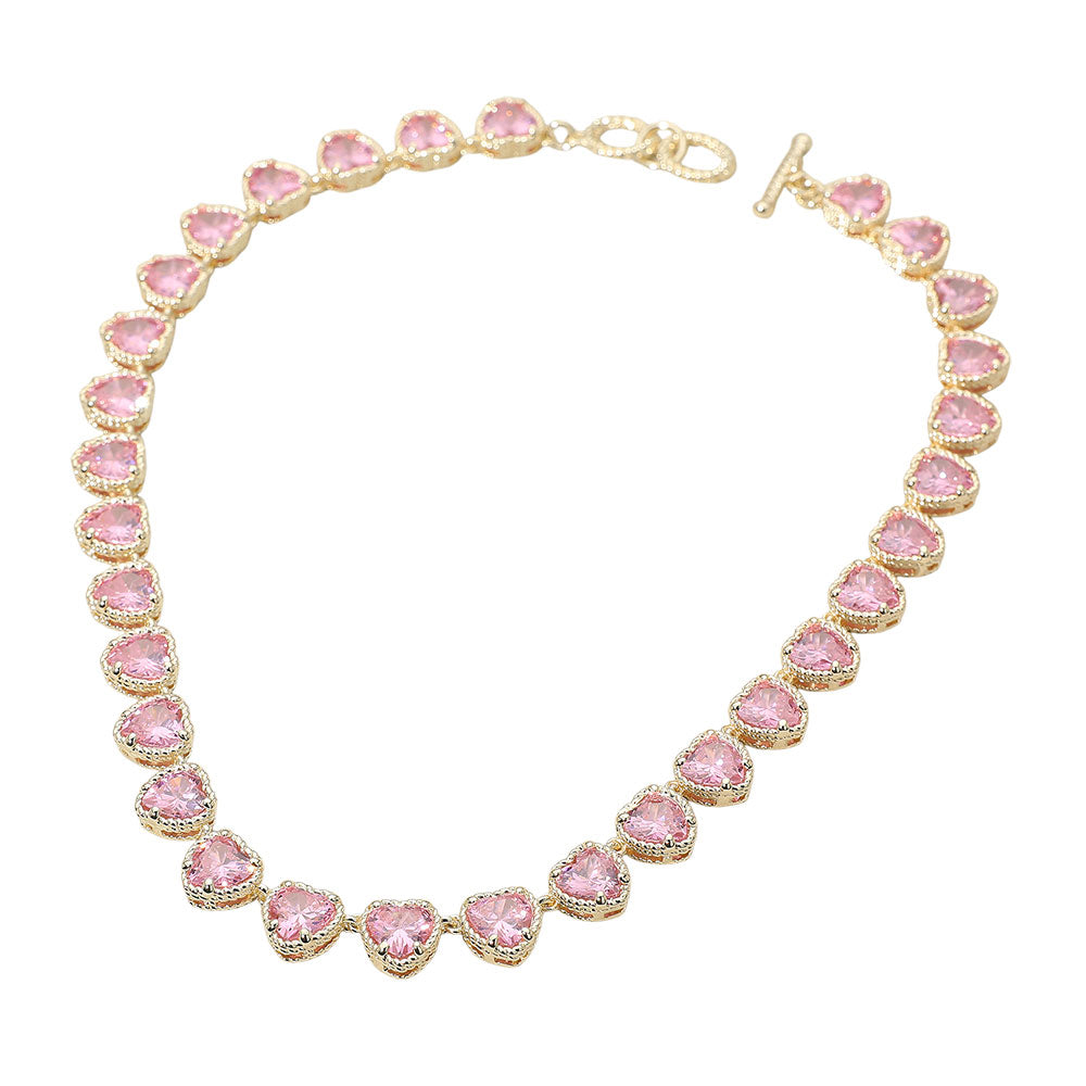Pink Heart Stone Cluster Toggle Necklace, 14K Gold Plated