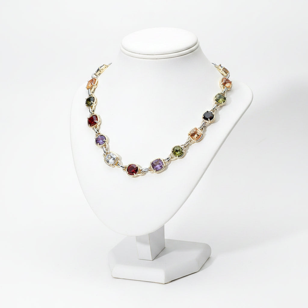 14K Gold Plated Multi CZ Square Stone Toggle Necklace, Two-Tone