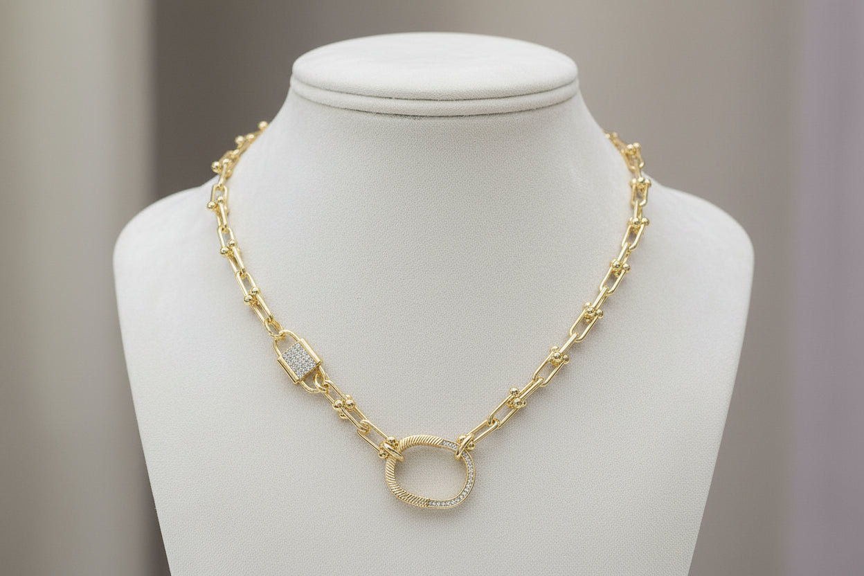 14K Gold-Plated CZ Stones Padlock Necklace, Gold