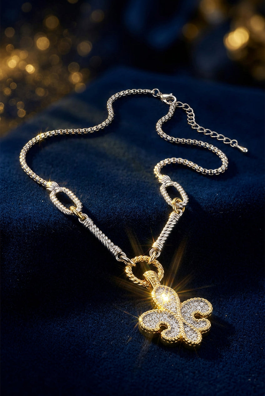 14K Gold Plated Two Tone Fleur de Lis Pendant Necklace