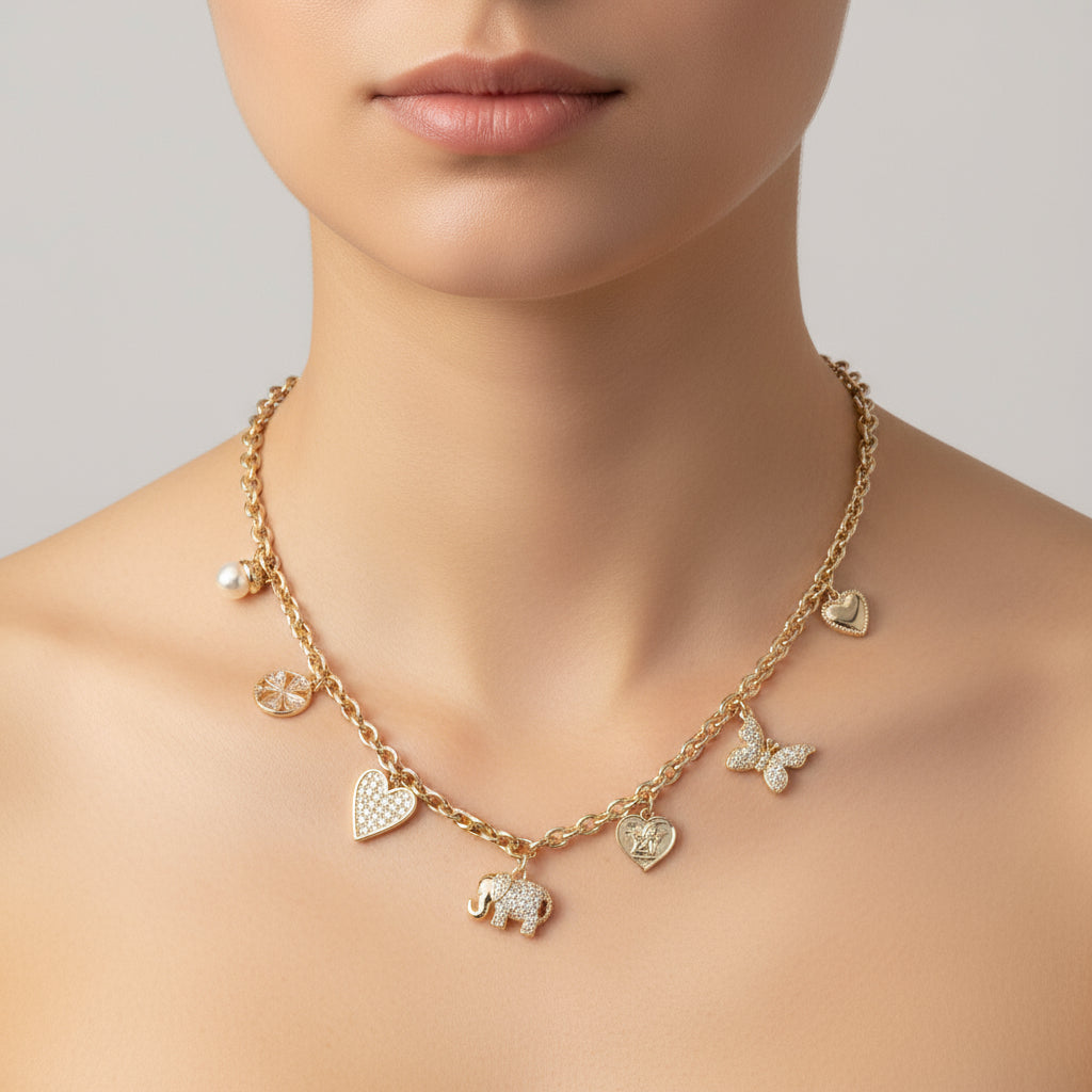 14K Gold Plated Charm Necklace, Gold