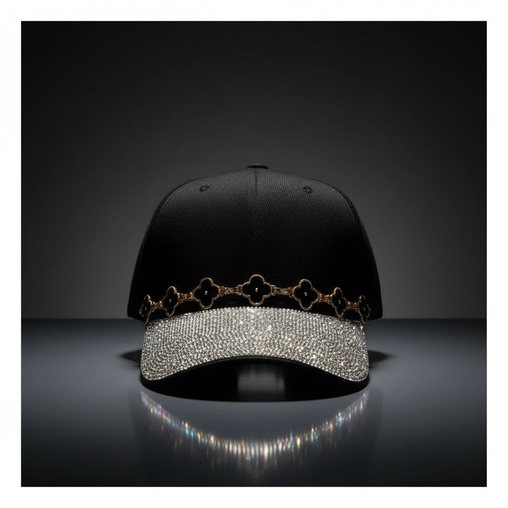 Black Rhinestone Clover Hat